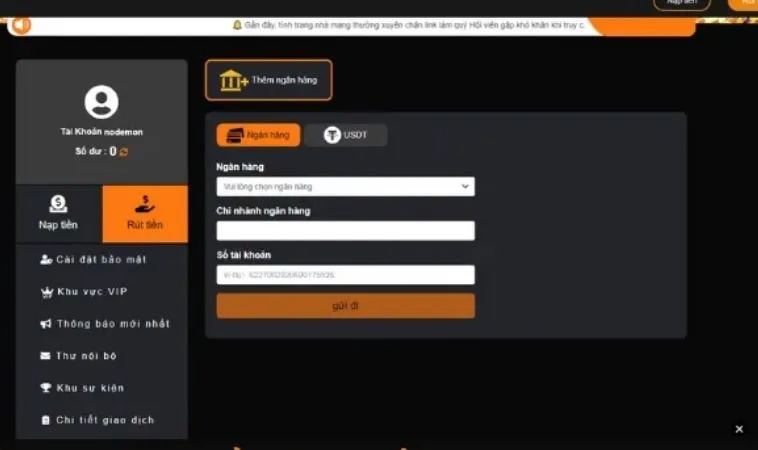Giao diện rút tiền 23WIN